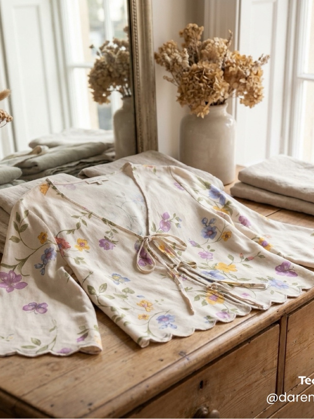 Laura Ashley Linen Blend Cream Floral Tie-Front Blouse with Pastel Blooms - Picture 2 of 5